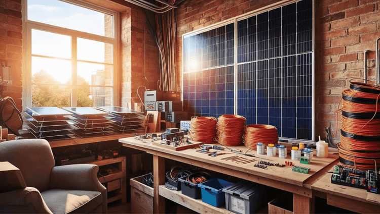 Balkonkraftwerk selbst zusammenstellen Solarmodule und Kabel in der Werkstatt (Bild: KI generiert)